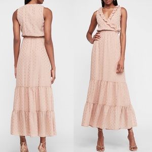 NWT Express Metallic Clip Dot Ruffle Maxi Dress